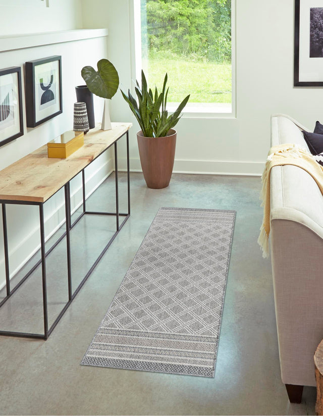 Gray 2' 7 x 12' Outdoor Trellis Runner Area Rug Weather Resistant for Patio, Deck, Terrace, Balcony, Porch Geometric Design Water Safe Outside Carpet for Sale at Rug Engine