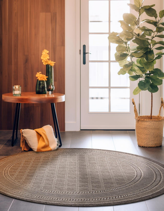Chocolate Brown 5' 1 x 5' 1 Outdoor Trellis Round Area Rug Weather Resistant for Patio, Deck, Terrace, Balcony, Porch Geometric Design Water Safe Outside Carpet for Sale at Rug Engine