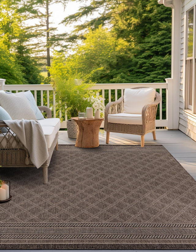 Chocolate Brown 7' 10 x 7' 10 Outdoor Trellis Square Area Rug Weather Resistant for Patio, Deck, Terrace, Balcony, Porch Geometric Design Water Safe Outside Carpet for Sale at Rug Engine