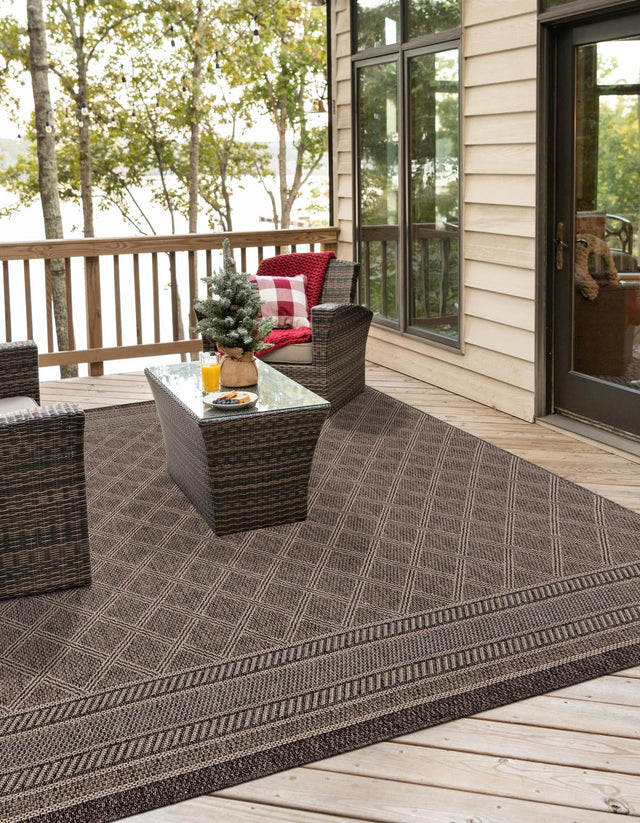 Chocolate Brown 10' x 10' Outdoor Trellis Square Area Rug Weather Resistant for Patio, Deck, Terrace, Balcony, Porch Geometric Design Water Safe Outside Carpet for Sale at Rug Engine