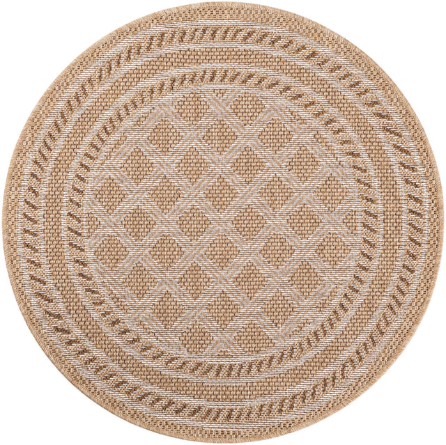 Natural 3' 3 x 3' 3 Outdoor Trellis Round Area Rug Weather Resistant for Patio, Deck, Terrace, Balcony, Porch Geometric Design Water Safe Outside Carpet for Sale at Rug Engine