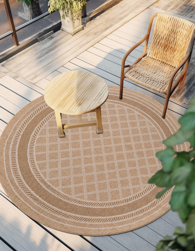 Natural 10' x 10' Outdoor Trellis Round Area Rug Weather Resistant for Patio, Deck, Terrace, Balcony, Porch Geometric Design Water Safe Outside Carpet for Sale at Rug Engine