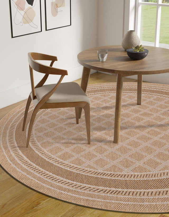 Natural 7' 10 x 7' 10 Outdoor Trellis Round Area Rug Weather Resistant for Patio, Deck, Terrace, Balcony, Porch Geometric Design Water Safe Outside Carpet for Sale at Rug Engine