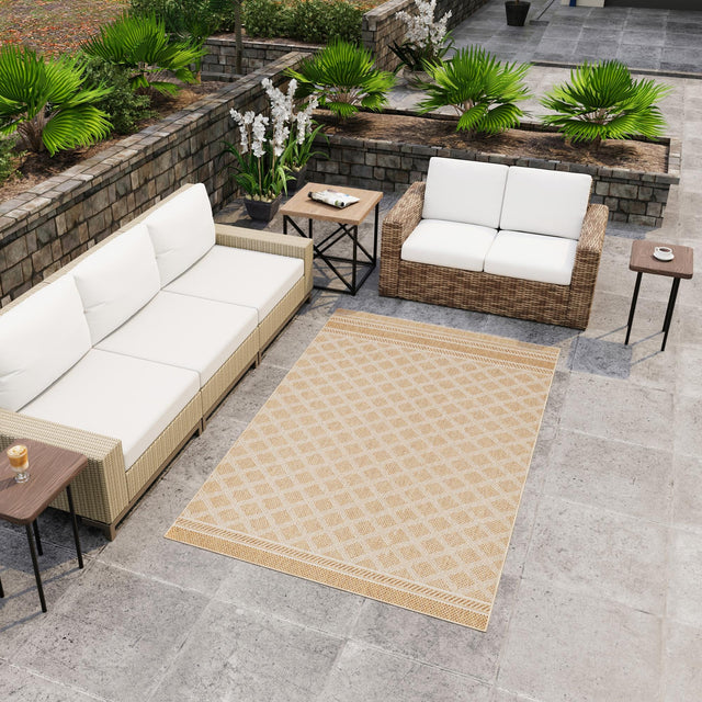 Natural 7' 1 x 10' Outdoor Trellis Rectangle Area Rug Weather Resistant for Patio, Deck, Terrace, Balcony, Porch Geometric Design Water Safe Outside Carpet for Sale at Rug Engine