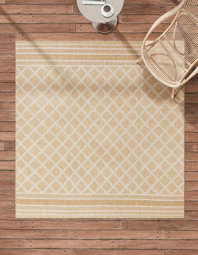 Natural 5' 1 x 5' 1 Outdoor Trellis Square Area Rug Weather Resistant for Patio, Deck, Terrace, Balcony, Porch Geometric Design Water Safe Outside Carpet for Sale at Rug Engine