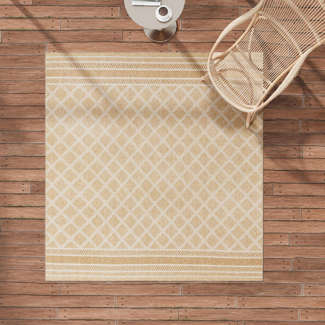 Natural 7' 10 x 7' 10 Outdoor Trellis Square Area Rug Weather Resistant for Patio, Deck, Terrace, Balcony, Porch Geometric Design Water Safe Outside Carpet for Sale at Rug Engine