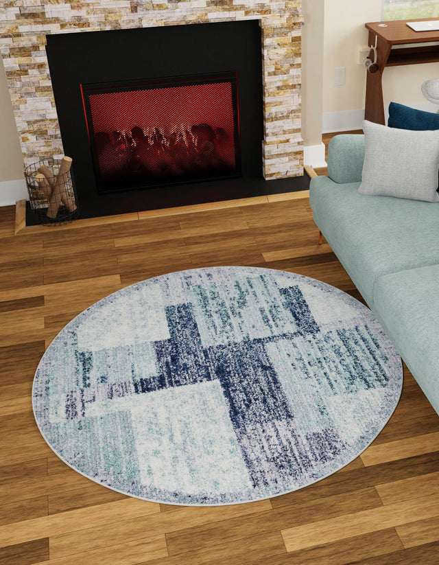 Blue and Gray 7' 10 x 7' 10 Tucson Round Area Rug 100% Polyester Unique Modern Carpet for Dining Rooms, Living Room, Bedrooms, Office Space for Sale at Rug Engine