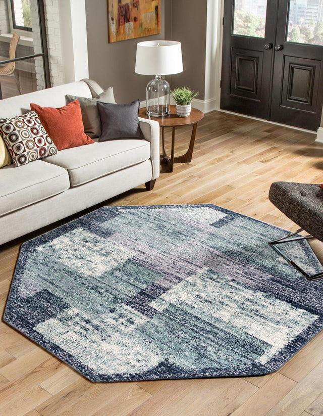 Blue and Gray 7' 1 x 7' 1 Tucson Octagon Area Rug 100% Polyester Unique Modern Carpet for Dining Rooms, Living Room, Bedrooms, Office Space for Sale at Rug Engine