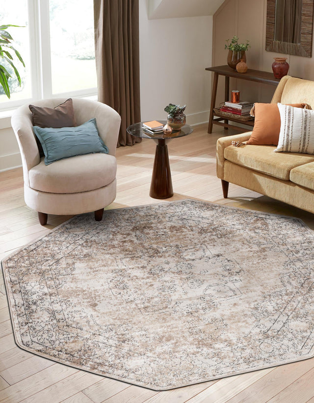 Ivory 5' 3 x 5' 3 Portland Octagon Area Rug 85% Polypropylene & 15% Polyester Vintage Distressed Traditional Carpet for Home Decor for Sale at Rug Engine