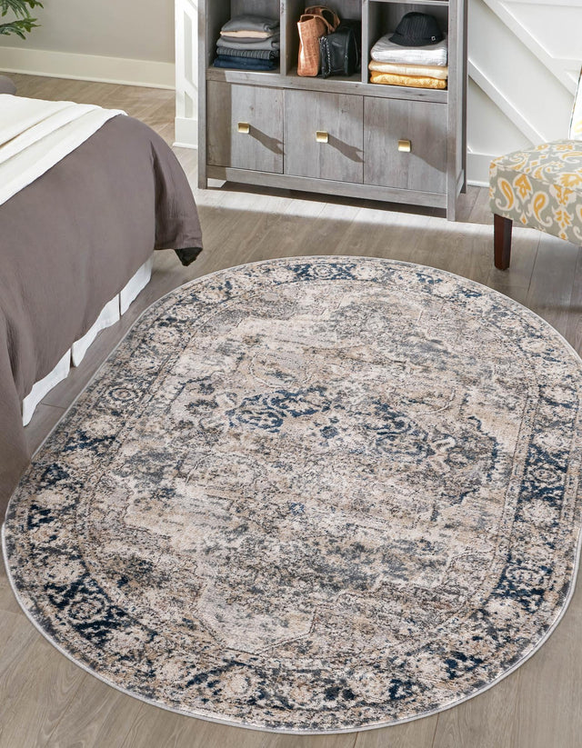 Gray 5' 3 x 8' Portland Oval Area Rug 85% Polypropylene & 15% Polyester Vintage Distressed Traditional Carpet for Home Decor for Sale at Rug Engine