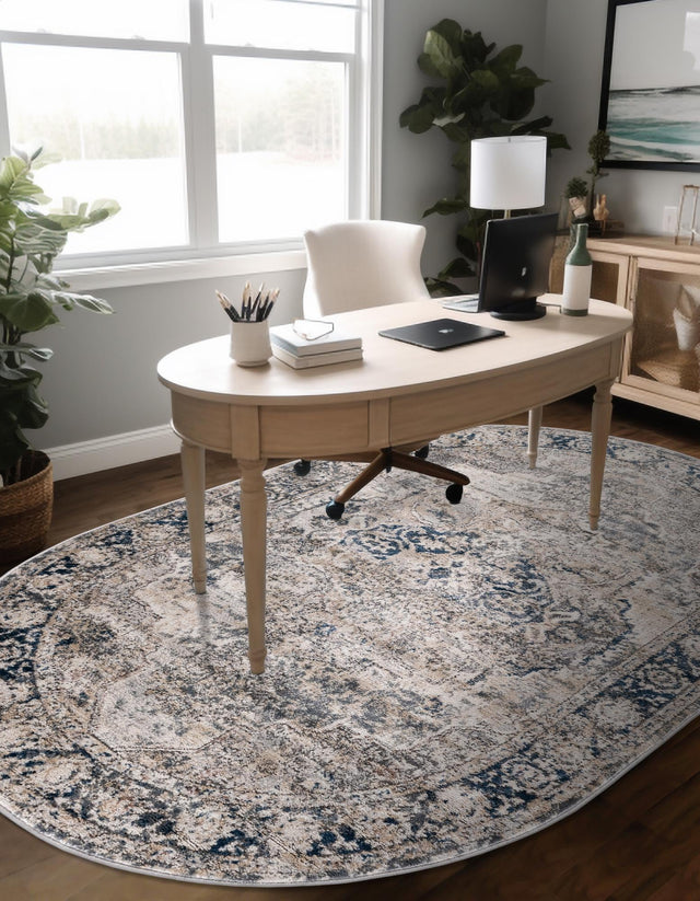 Gray 6' 1 x 9' Portland Oval Area Rug 85% Polypropylene & 15% Polyester Vintage Distressed Traditional Carpet for Home Decor for Sale at Rug Engine