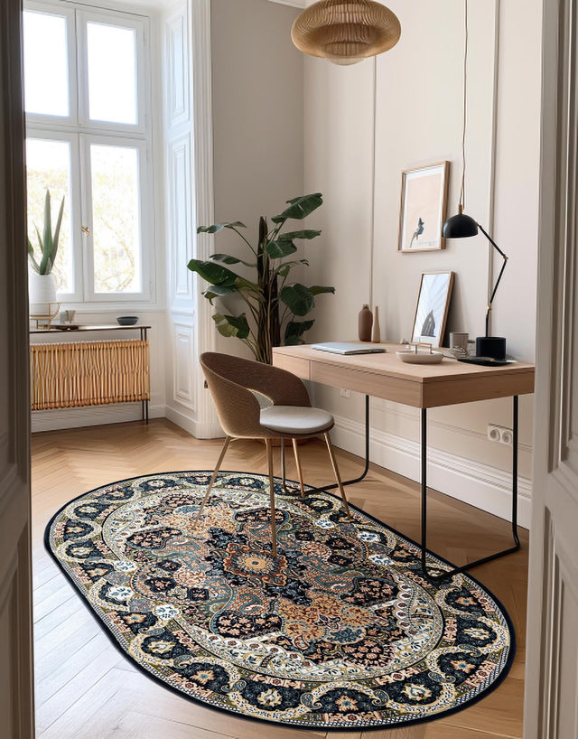 Navy Blue 5' 3 x 8' Narenj Oval Area Rug 85% Polypropylene & 15% Polyester Traditional Classic Carpet for Living, Dining, Bedrooms, Office for Sale at Rug Engine