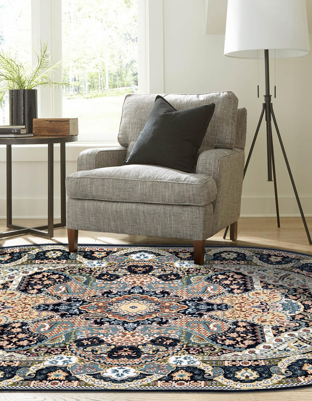 Navy Blue 7' 10 x 10' Narenj Oval Area Rug 85% Polypropylene & 15% Polyester Traditional Classic Carpet for Living, Dining, Bedrooms, Office for Sale at Rug Engine