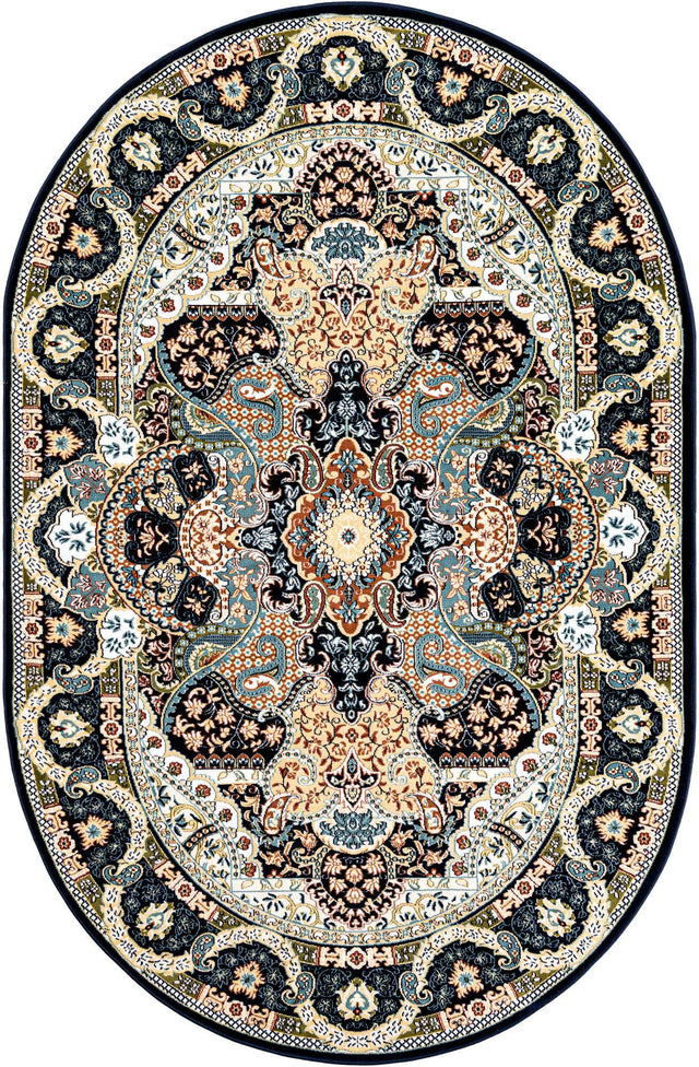 Navy Blue 5' 3 x 8' Narenj Oval Area Rug 85% Polypropylene & 15% Polyester Traditional Classic Carpet for Living, Dining, Bedrooms, Office for Sale at Rug Engine