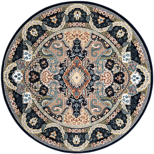 Navy Blue 6' 1 x 6' 1 Narenj Round Area Rug 85% Polypropylene & 15% Polyester Traditional Classic Carpet for Living, Dining, Bedrooms, Office for Sale at Rug Engine