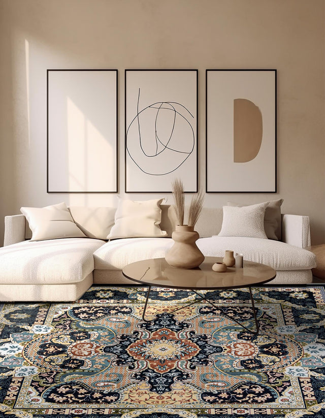 Navy Blue 6' 1 x 6' 1 Narenj Square Area Rug 85% Polypropylene & 15% Polyester Traditional Classic Carpet for Living, Dining, Bedrooms, Office for Sale at Rug Engine