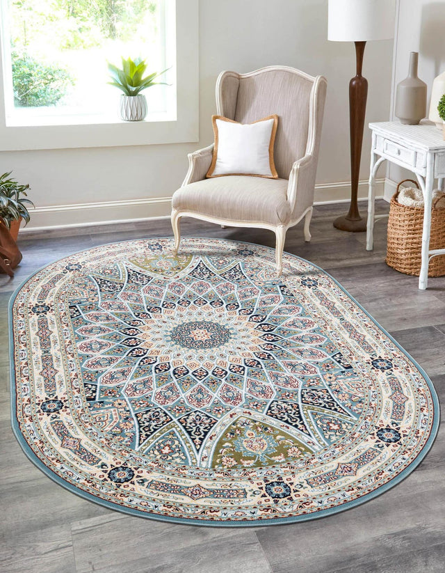 Blue 4' 1 x 6' 1 Narenj Oval Area Rug 85% Polypropylene & 15% Polyester Traditional Classic Carpet for Living, Dining, Bedrooms, Office for Sale at Rug Engine