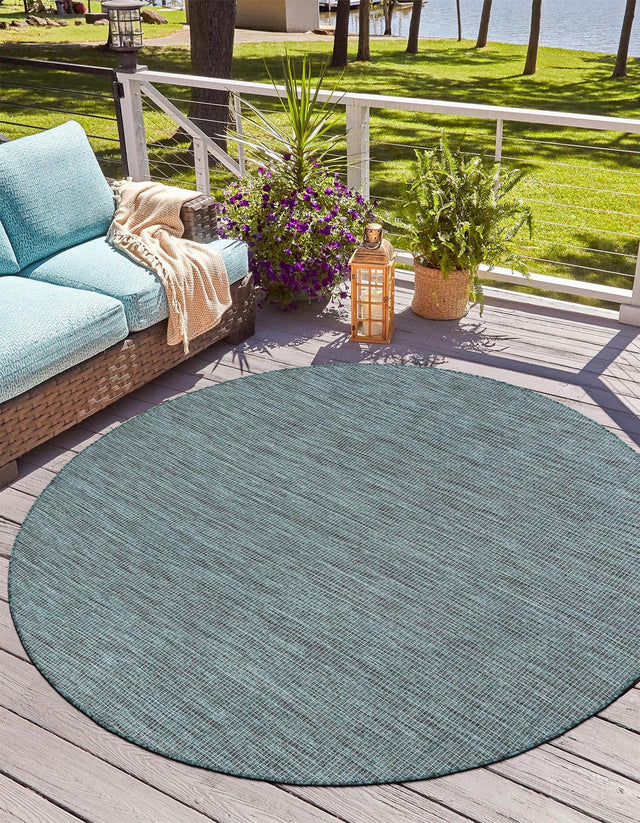 Teal 13' 1 x 13' 1 Outdoor Solid Round Area Rug Weather Resistant for Patio, Deck, Terrace, Balcony, Porch 100% Polypropylene Minimalist Waterproof Carpet for Sale at Rug Engine