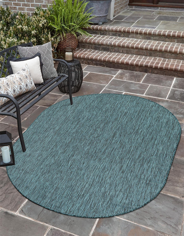 Teal 6' 1 x 9' Outdoor Solid Oval Area Rug Weather Resistant for Patio, Deck, Terrace, Balcony, Porch 100% Polypropylene Minimalist Waterproof Carpet for Sale at Rug Engine