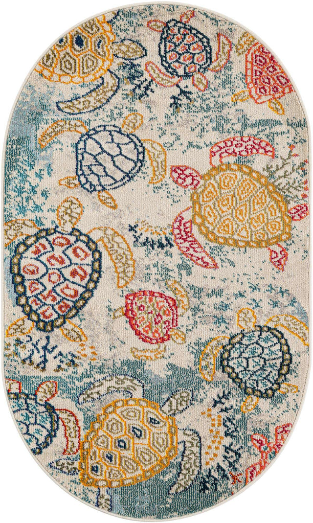 Beige 3' 3 x 5' 3 Positano Oval Area Rug Coastal Marine Beach Design Carpet for Modern Living Rooms, Dining, Bedroom, Office for Sale at Rug Engine