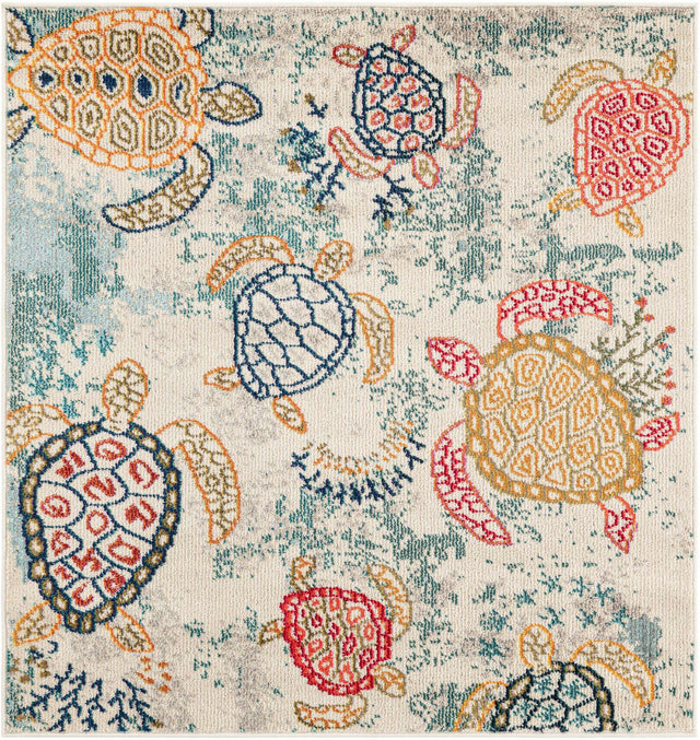 Beige 4' 1 x 4' 1 Positano Square Area Rug Coastal Marine Beach Design Carpet for Modern Living Rooms, Dining, Bedroom, Office for Sale at Rug Engine