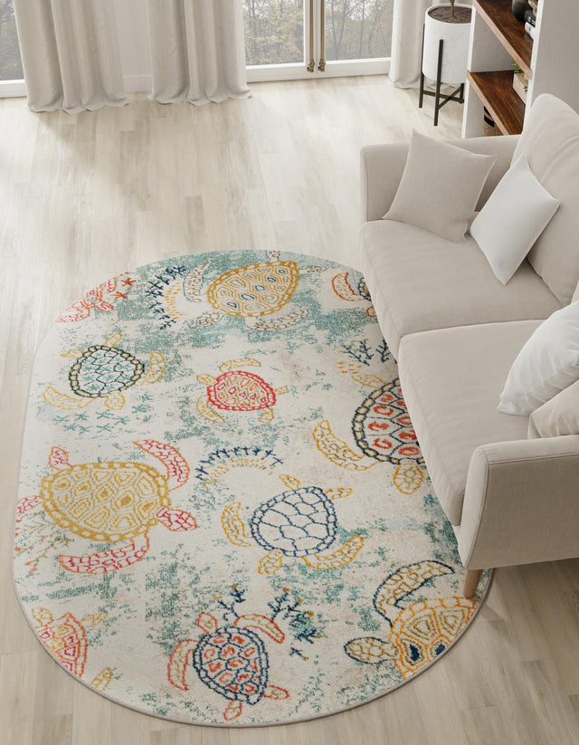 Beige 4' 1 x 6' 1 Positano Oval Area Rug Coastal Marine Beach Design Carpet for Modern Living Rooms, Dining, Bedroom, Office for Sale at Rug Engine