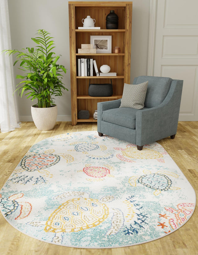 Beige 5' x 8' Positano Oval Area Rug Coastal Marine Beach Design Carpet for Modern Living Rooms, Dining, Bedroom, Office for Sale at Rug Engine