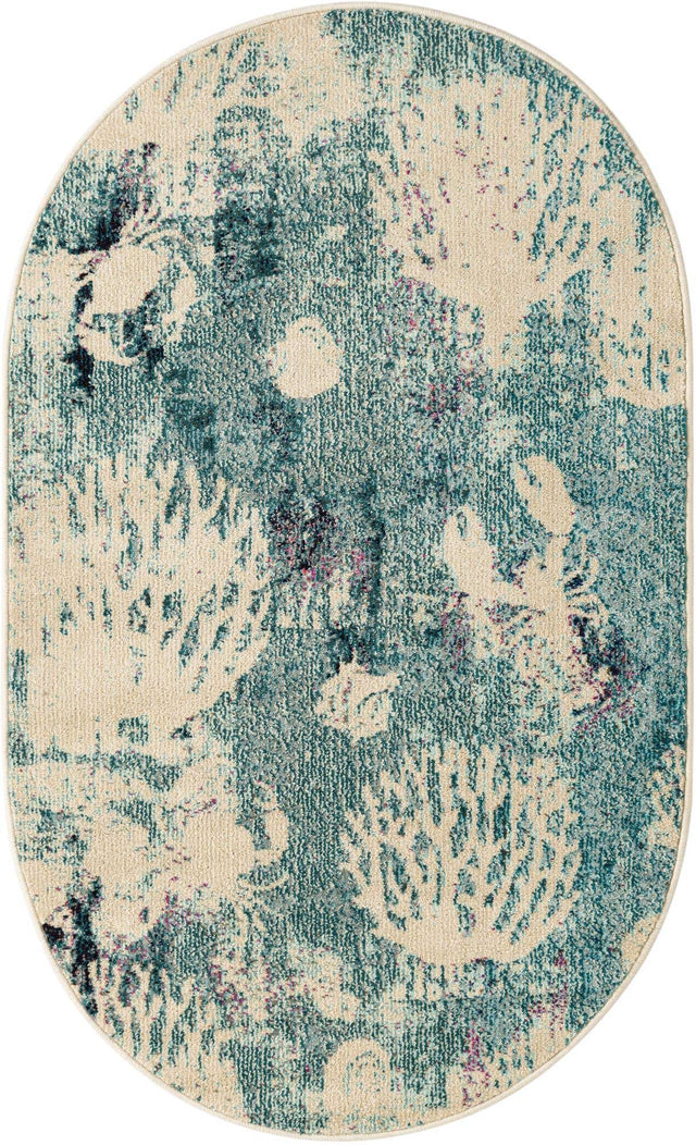Light Blue 3' 3 x 5' 3 Positano Oval Area Rug Coastal Marine Beach Design Carpet for Modern Living Rooms, Dining, Bedroom, Office for Sale at Rug Engine