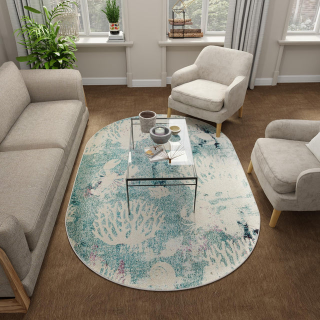 Light Blue 5' x 8' Positano Oval Area Rug Coastal Marine Beach Design Carpet for Modern Living Rooms, Dining, Bedroom, Office for Sale at Rug Engine