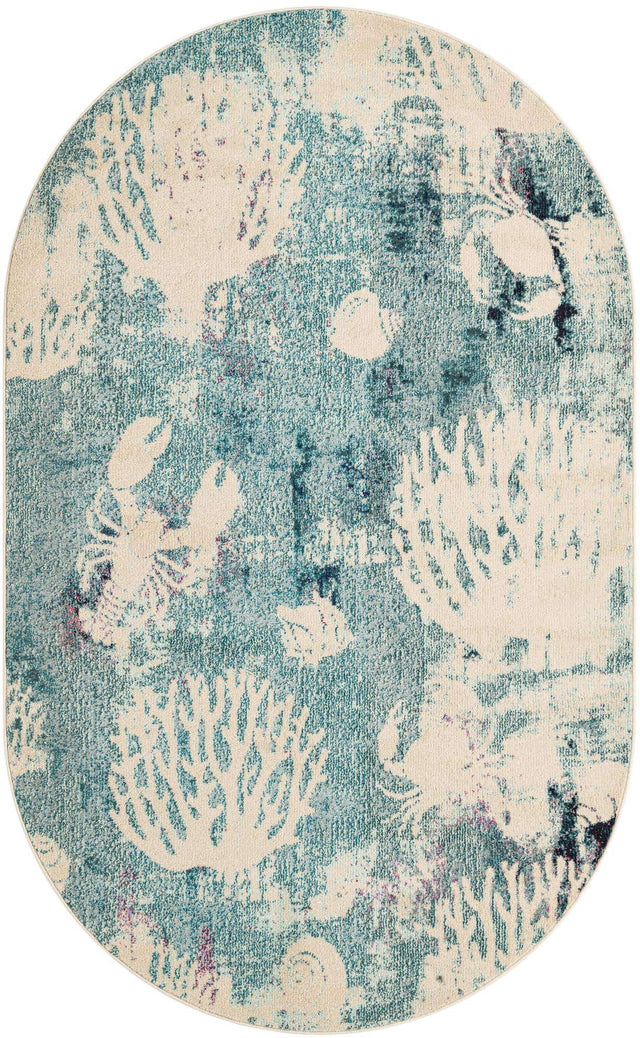 Light Blue 5' x 8' Positano Oval Area Rug Coastal Marine Beach Design Carpet for Modern Living Rooms, Dining, Bedroom, Office for Sale at Rug Engine