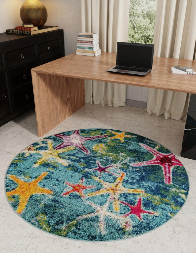 Navy Blue 5' 3 x 5' 3 Positano Round Area Rug Coastal Marine Beach Design Carpet for Modern Living Rooms, Dining, Bedroom, Office for Sale at Rug Engine