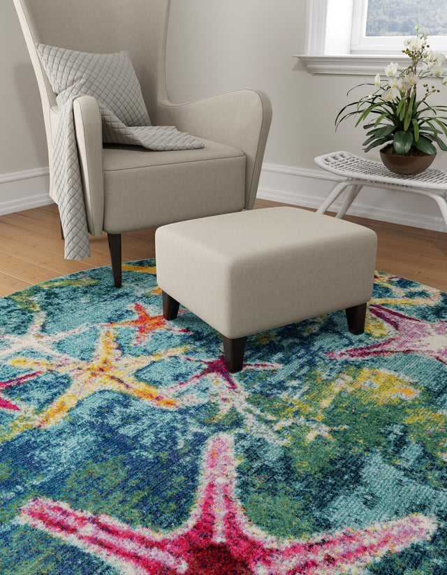 Navy Blue 7' 10 x 7' 10 Positano Round Area Rug Coastal Marine Beach Design Carpet for Modern Living Rooms, Dining, Bedroom, Office for Sale at Rug Engine