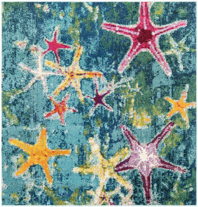 Navy Blue 5' 3 x 5' 3 Positano Square Area Rug Coastal Marine Beach Design Carpet for Modern Living Rooms, Dining, Bedroom, Office for Sale at Rug Engine