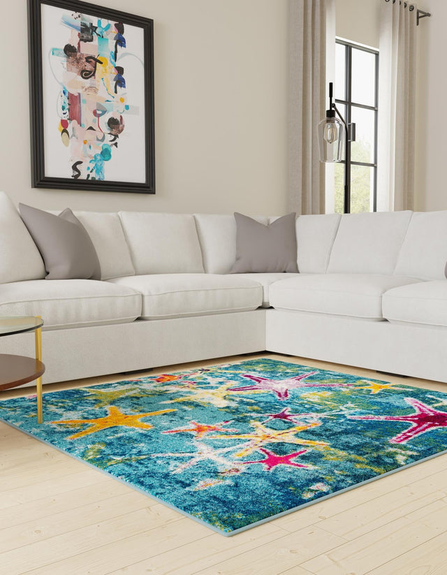 Navy Blue 10' x 10' Positano Square Area Rug Coastal Marine Beach Design Carpet for Modern Living Rooms, Dining, Bedroom, Office for Sale at Rug Engine
