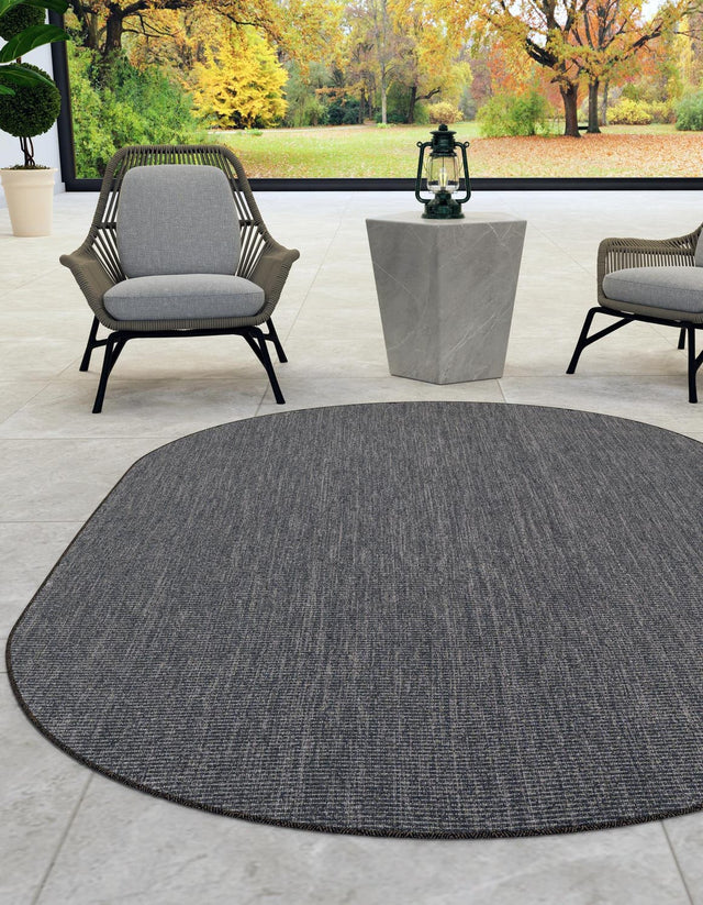Black 5' 3 x 8' Outdoor Solid Oval Area Rug Weather Resistant for Patio, Deck, Terrace, Balcony, Porch 100% Polypropylene Minimalist Waterproof Carpet for Sale at Rug Engine