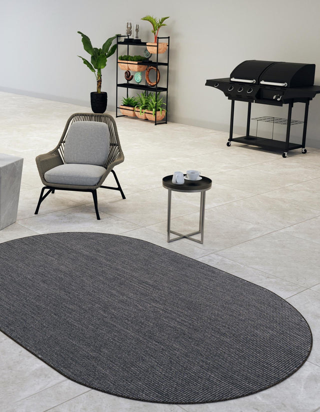 Black 5' 3 x 8' Outdoor Solid Oval Area Rug Weather Resistant for Patio, Deck, Terrace, Balcony, Porch 100% Polypropylene Minimalist Waterproof Carpet for Sale at Rug Engine