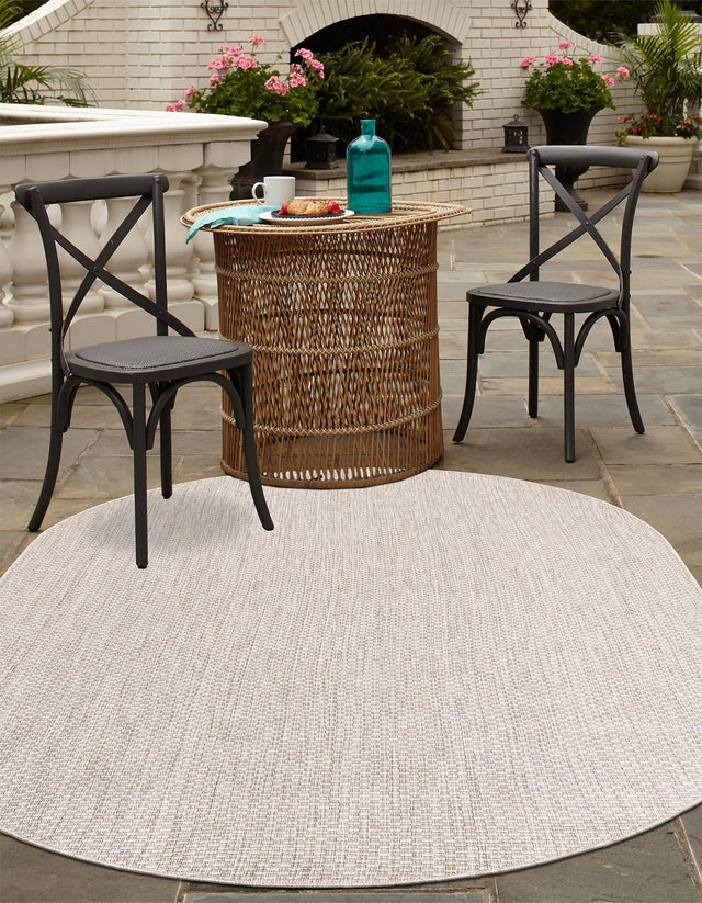Beige 5' 3 x 8' Outdoor Solid Oval Area Rug Weather Resistant for Patio, Deck, Terrace, Balcony, Porch 100% Polypropylene Minimalist Waterproof Carpet for Sale at Rug Engine