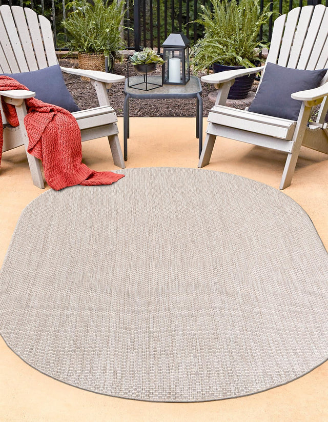 Beige 5' 3 x 8' Outdoor Solid Oval Area Rug Weather Resistant for Patio, Deck, Terrace, Balcony, Porch 100% Polypropylene Minimalist Waterproof Carpet for Sale at Rug Engine