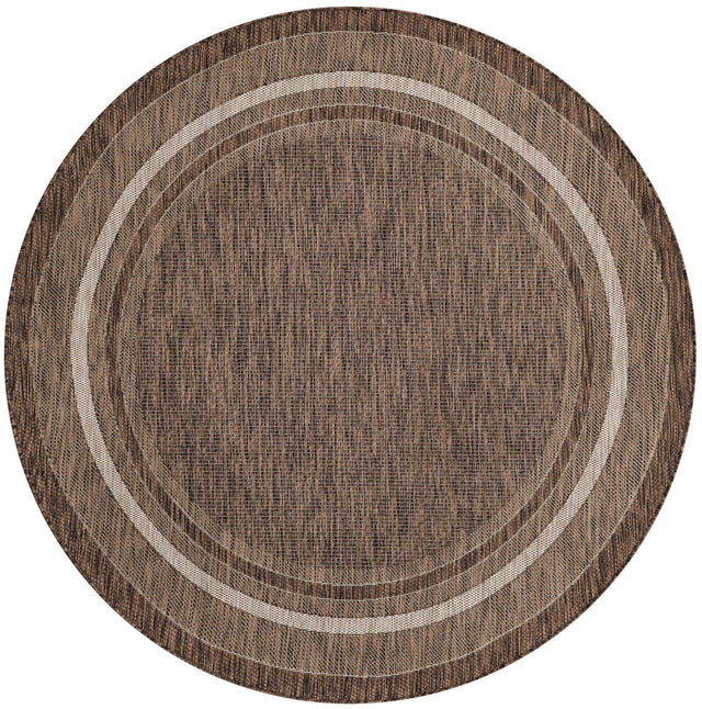 Brown 6' 1 x 6' 1 Outdoor Border Round Area Rug Weather Resistant for Patio, Deck, Terrace, Balcony, Porch 100% Polypropylene Classic Bordered Carpet for Sale at Rug Engine