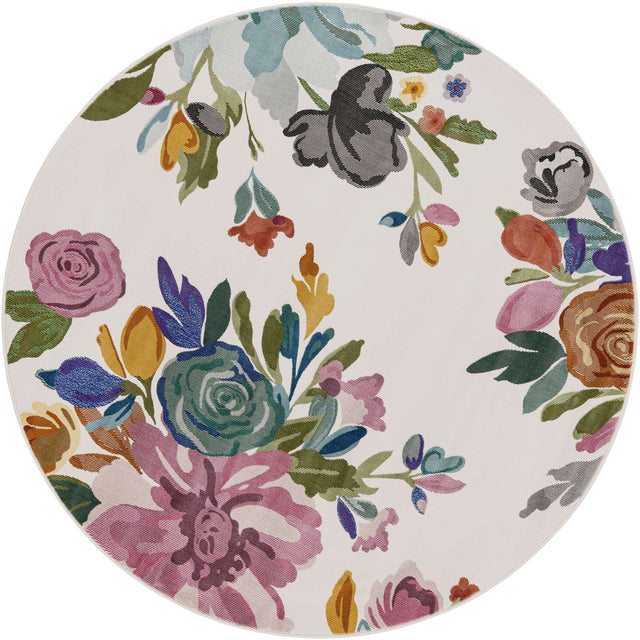 Ivory 6' 1 x 6' 1 Blossom Round Area Rug 100% Polypropylene With Cotton Backing Easy Clean Colorful Blooming Blossoming Flower Floral Plant Carpet for Living Dining Room Office Dorms for Sale at Rug Engine