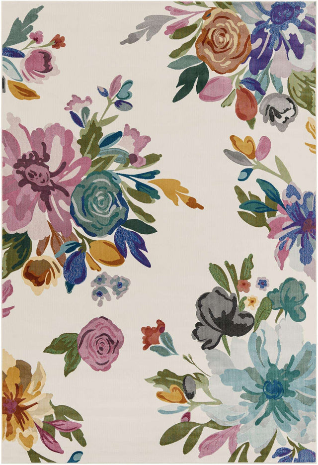 Ivory 7' 1 x 10' Blossom Rectangle Area Rug 100% Polypropylene With Cotton Backing Easy Clean Colorful Blooming Blossoming Flower Floral Plant Carpet for Living Dining Room Office Dorms for Sale at Rug Engine