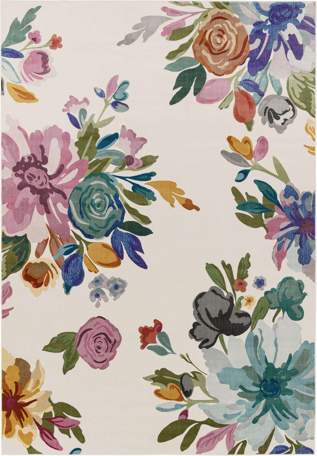Ivory 7' 10 x 11' Blossom Rectangle Area Rug 100% Polypropylene With Cotton Backing Easy Clean Colorful Blooming Blossoming Flower Floral Plant Carpet for Living Dining Room Office Dorms for Sale at Rug Engine