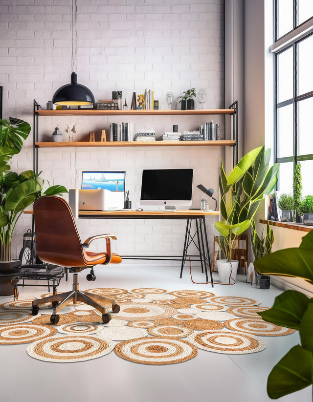 Natural and White 5' 1 x 5' 1 Braided Jute Round Area Rug 100% Jute Hand Braided Natural Eco-Friendly Boho Style Carpet for Living Rooms Dining Office Space Dorms for Sale at Rug Engine