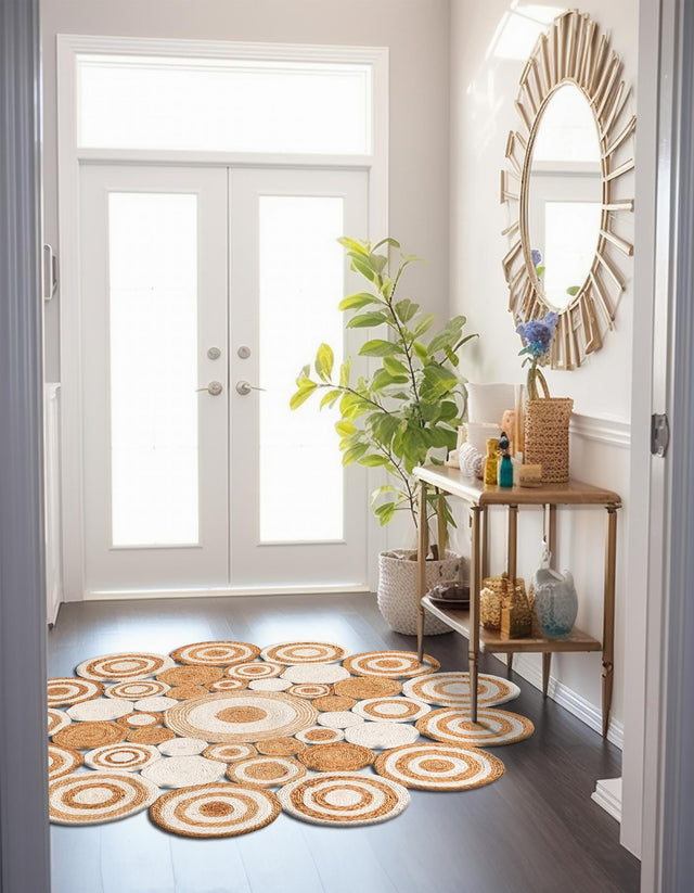 Natural and White 7' 10 x 7' 10 Braided Jute Round Area Rug 100% Jute Hand Braided Natural Eco-Friendly Boho Style Carpet for Living Rooms Dining Office Space Dorms for Sale at Rug Engine