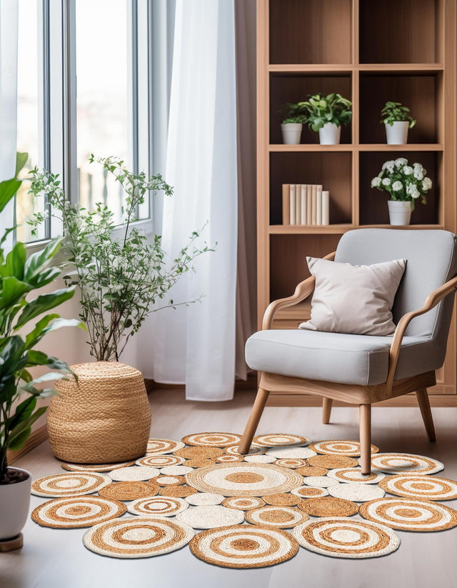 Natural and White 6' 1 x 6' 1 Braided Jute Round Area Rug 100% Jute Hand Braided Natural Eco-Friendly Boho Style Carpet for Living Rooms Dining Office Space Dorms for Sale at Rug Engine