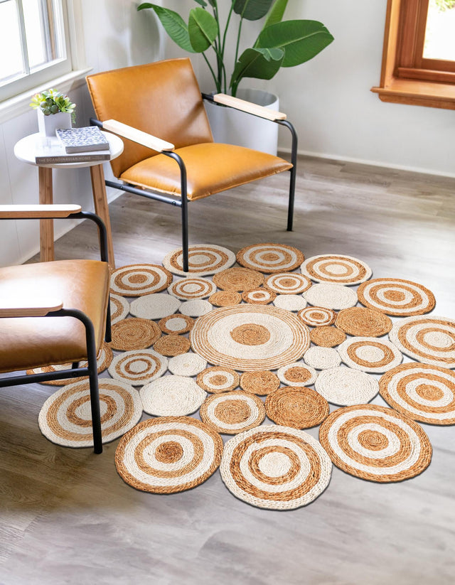 Natural and White 5' 1 x 5' 1 Braided Jute Round Area Rug 100% Jute Hand Braided Natural Eco-Friendly Boho Style Carpet for Living Rooms Dining Office Space Dorms for Sale at Rug Engine
