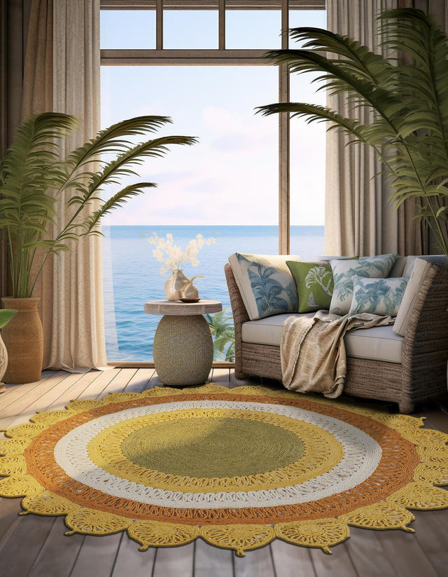 Sunflower Yellow 7' 10 x 7' 10 Braided Jute Round Area Rug 100% Jute Hand Braided Natural Eco-Friendly Boho Style Carpet for Living Rooms Dining Office Space Dorms for Sale at Rug Engine