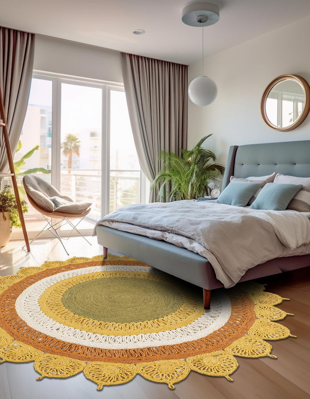 Sunflower Yellow 4' 1 x 4' 1 Braided Jute Round Area Rug 100% Jute Hand Braided Natural Eco-Friendly Boho Style Carpet for Living Rooms Dining Office Space Dorms for Sale at Rug Engine