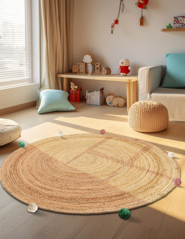 Multicolor 6' 1 x 6' 1 Kids Braided Jute Round Area Rug for Baby Nursery, Toddler Playroom, Bedrooms All Natural Eco-Friendly Sustainable Carpet for Sale at Rug Engine