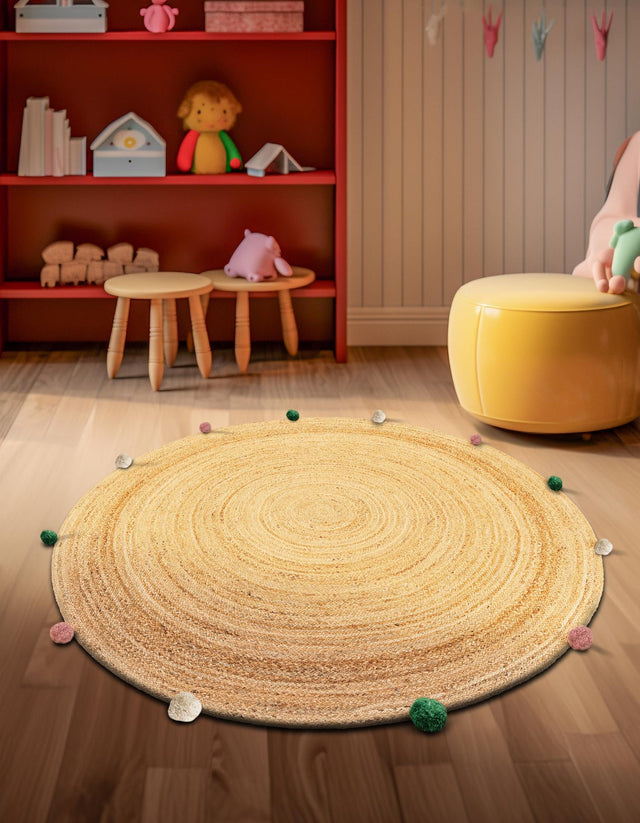 Multicolor 6' 1 x 6' 1 Kids Braided Jute Round Area Rug for Baby Nursery, Toddler Playroom, Bedrooms All Natural Eco-Friendly Sustainable Carpet for Sale at Rug Engine